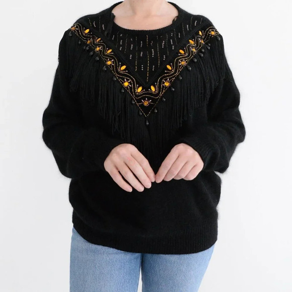 Vintage Vanna White R&K Originals Black Beaded w Tassels & Amber Gems Sweater XL - Picture 2 of 12